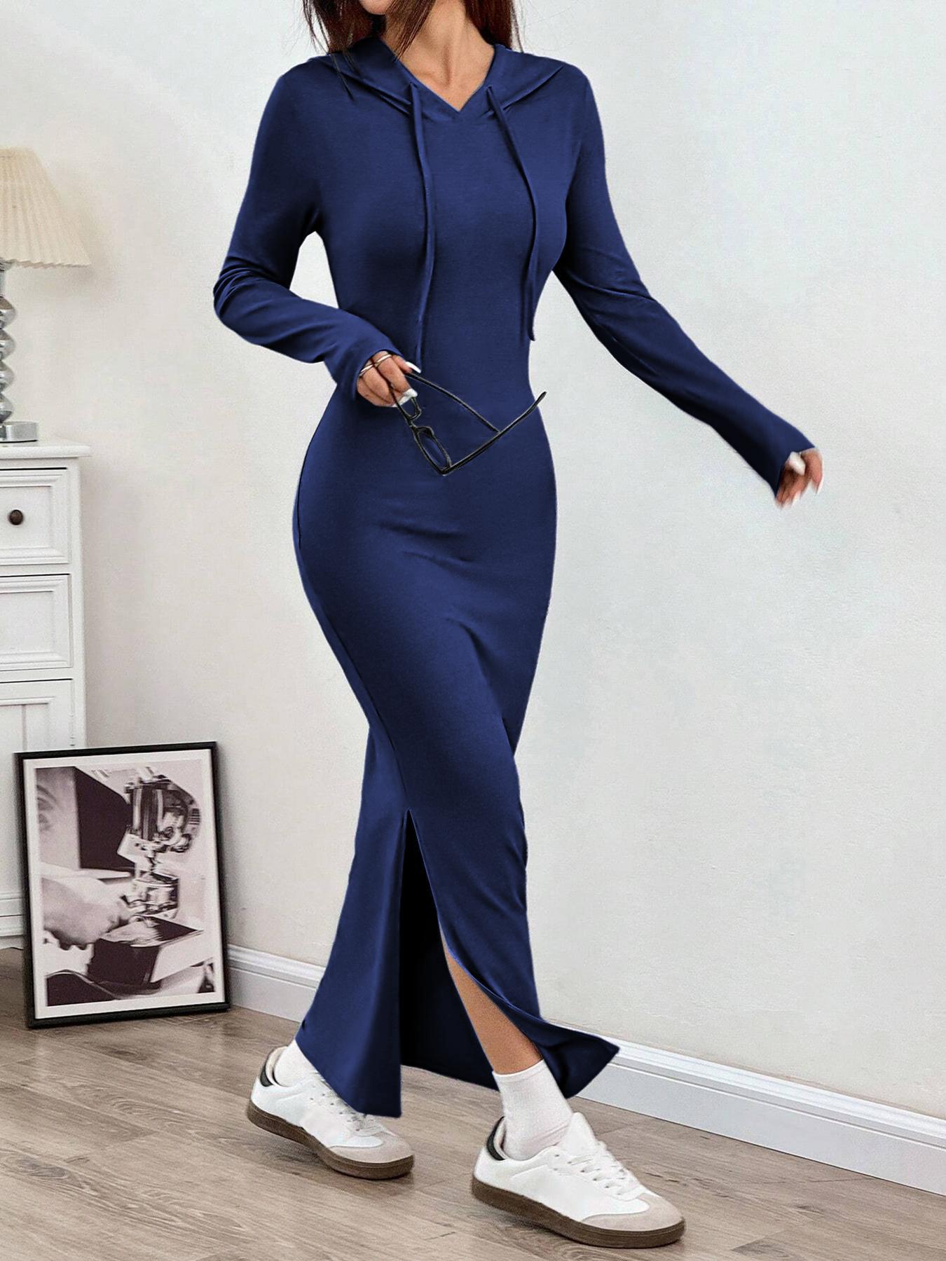 Women's Hooded Slim-Fit Long-Sleeve Knit Dress with Drawstring, Ladies' Casual Fall and Winter Fashion Dress for Daily Wear
