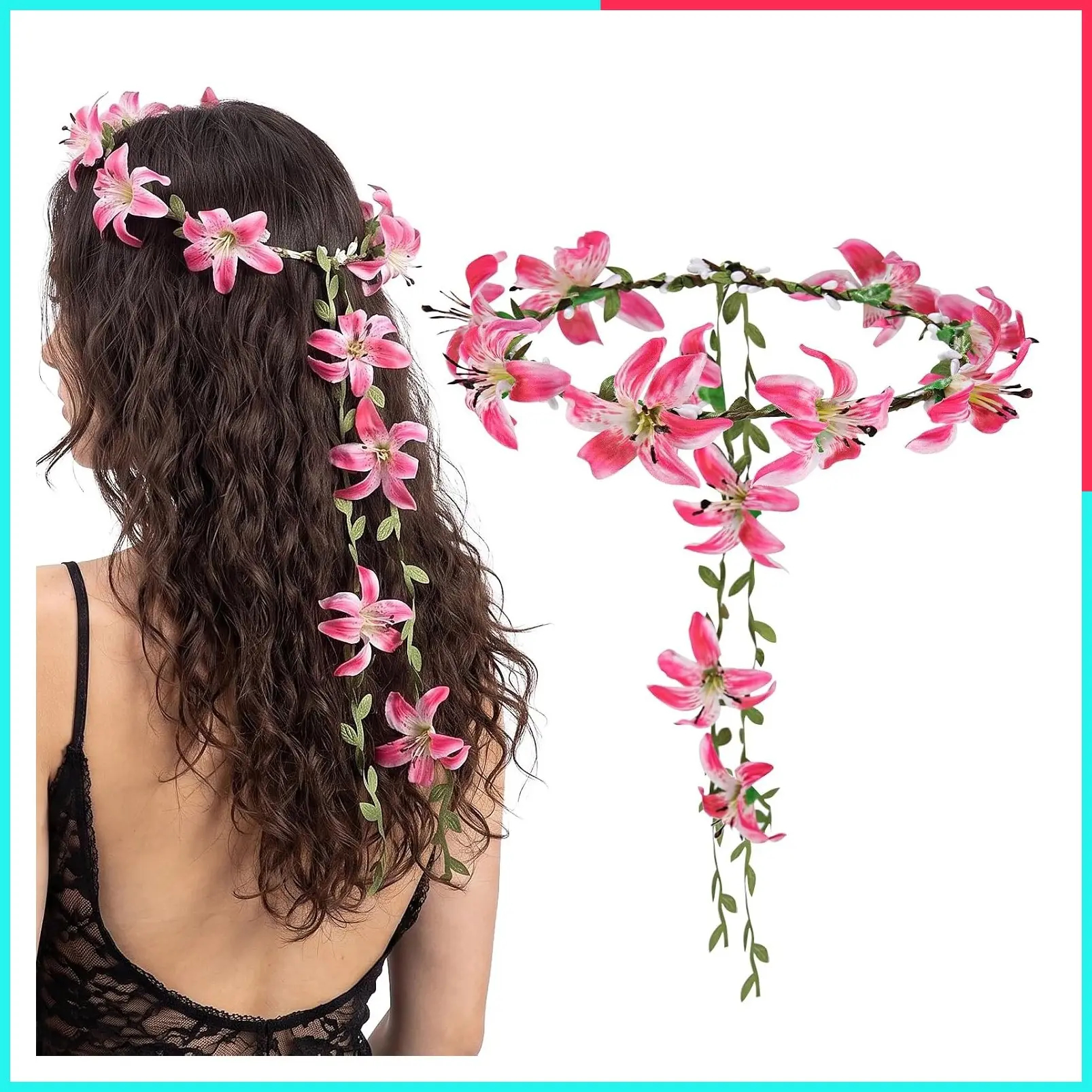 2-Pack Lily Flower Crown with Ribbon Tail, Boho Floral Headband – Tropical Hawaiian Hair Wreath for Women and Bridesmaids at Weddings, Luau Parties & Summer Festivals