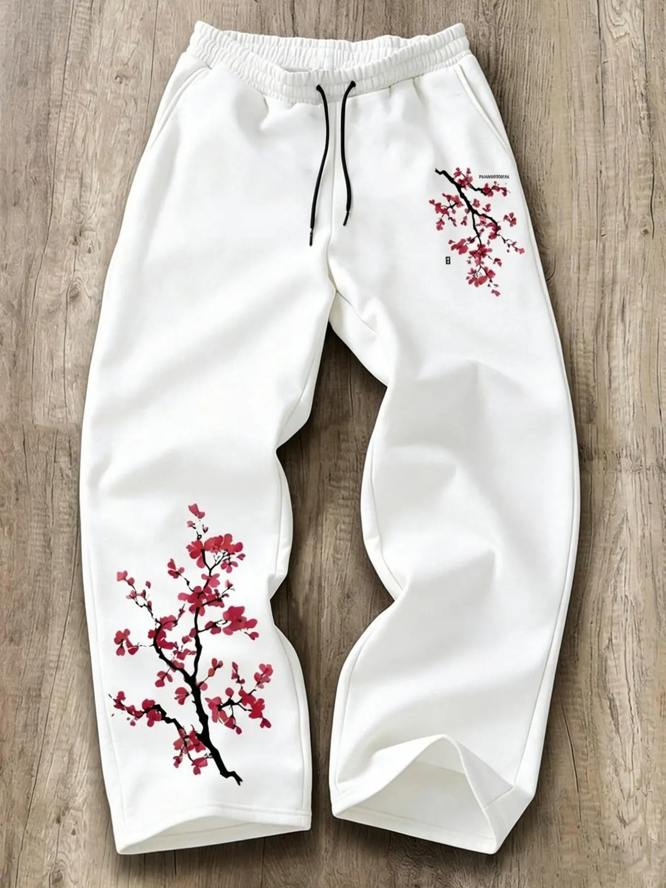 White Wide Leg Sweatpants Japanese Sakura Cherry Blossom Floral Print Drawstring Waist Streetwear Joggers Aesthetic Harajuku Casual Pants Bottoms Unisex Fall Winter