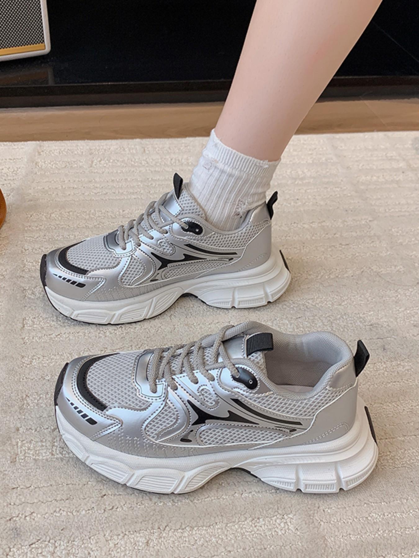 Women's Silver Patchwork Sneakers, Thick Sole Dad Shoes, Casual Round Toe, Medium Width, All Seasons, Multiple Colors Available