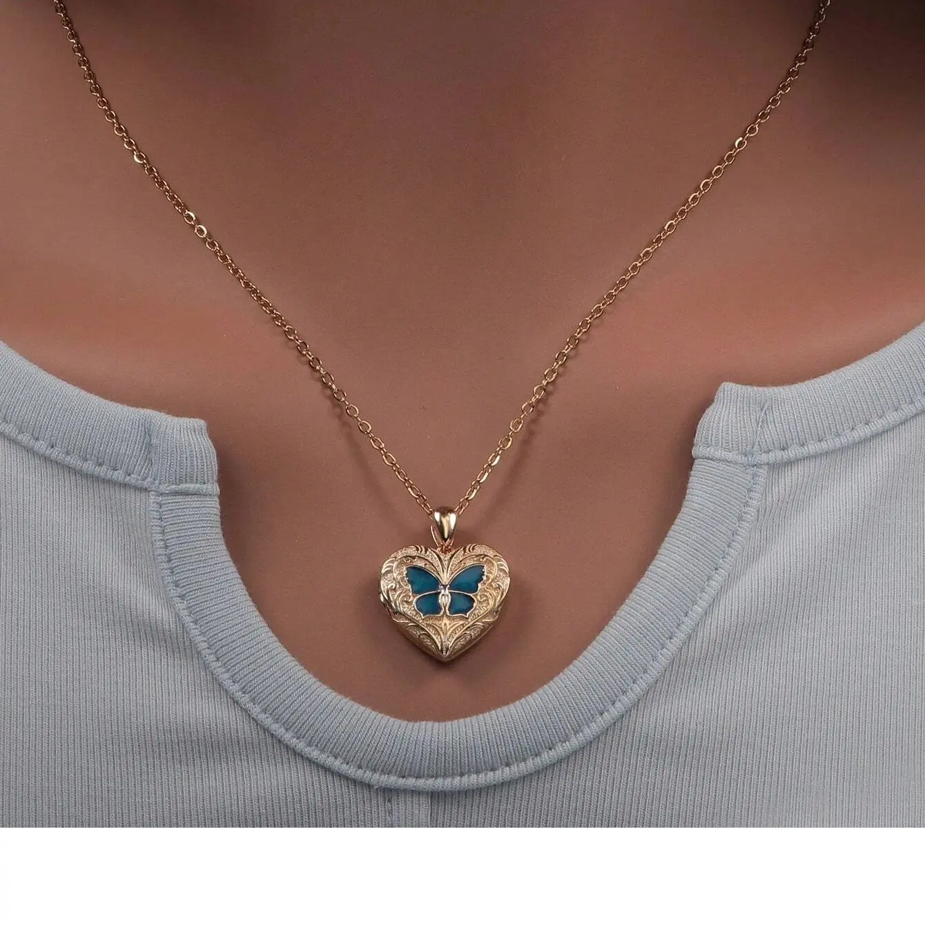 Women's Vintage Butterfly Heart Locket Necklace - Openable Photo Keepsake Pendant, Copper Romantic Jewelry Gift