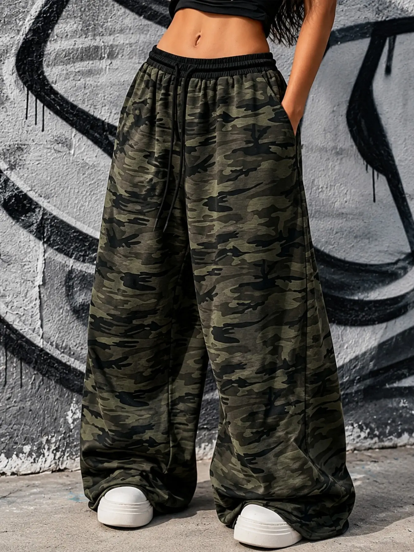 American Vintage Camouflage Print Wide Leg Pants, Drawstring Waist, Adjustable, Loose Fit, Casual Style, with Pockets, All Seasons