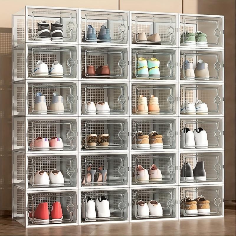 24 packs of thickened transparent shoe boxes (with lids), foldable stackable shoe racks, display storage rack, space-saving storage and finishing devices, suitable for homes and dormitories, Clear Shoe Storage, Clear Shoe Organizer