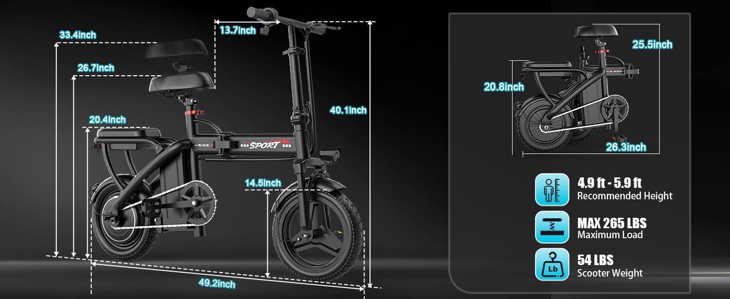 Pikabike Z6 Electric Bike |   Peak 1200W |   25MPH |   14" Pneumatic Tires |   22-40 Mile Range l Rear Disc Brake l Foldable l Two Seats
