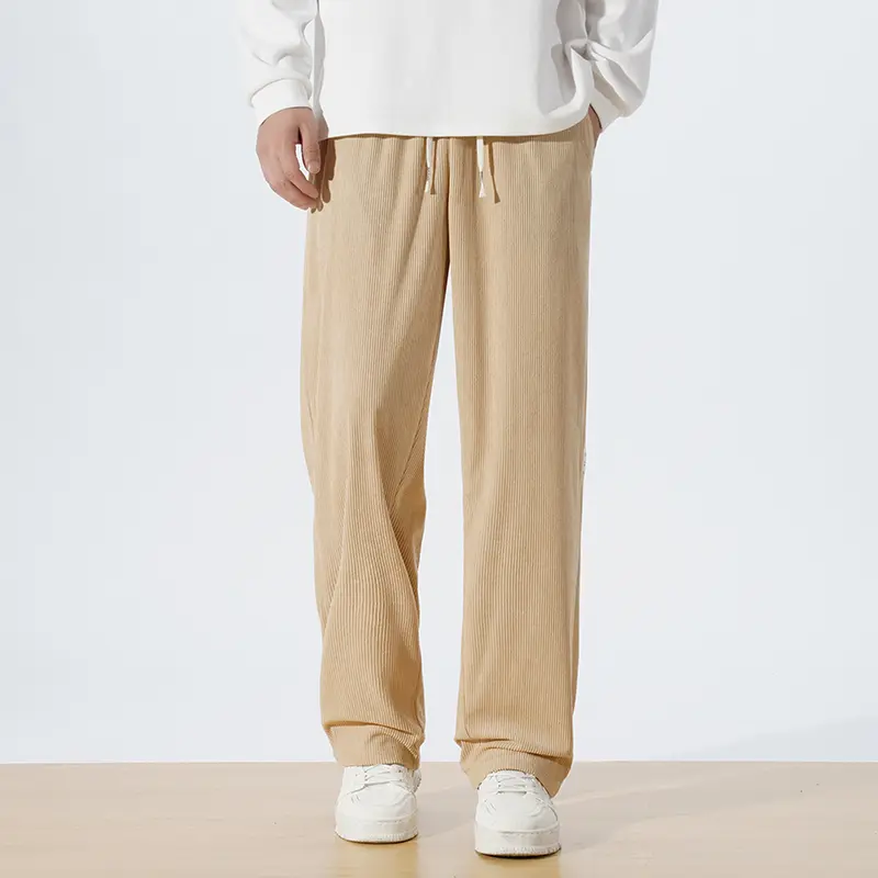 Men's corduroy wide leg pants, elastic waist drawstring loose pants, small tag decoration casual bottoms, loose fit straight leg design, soft and comfortable fabric, side pocket daily pants, suitable for street style, hip-hop appearance, dating, strolling