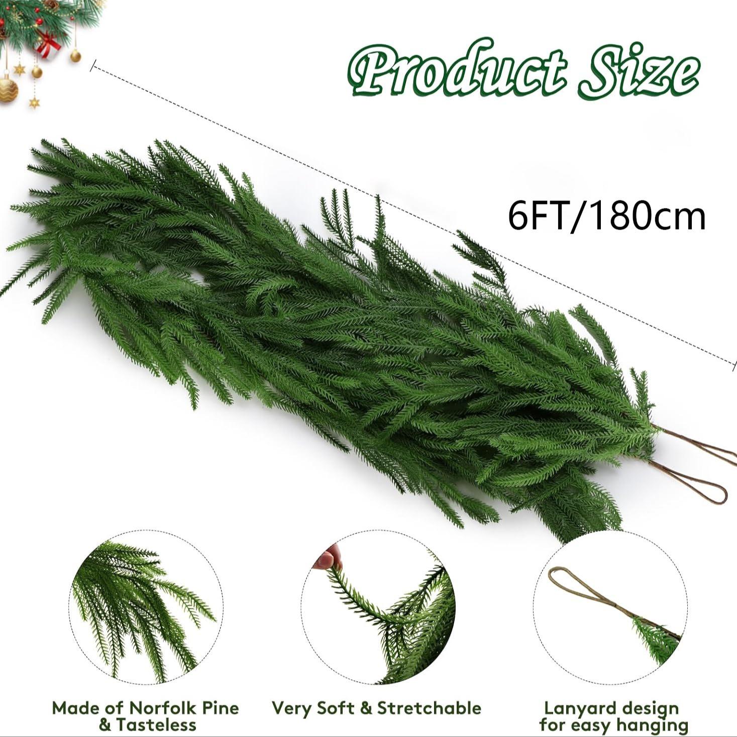 6 Foot Artificial Norfolk Island Christmas Wreath, Faux Pine Garland for Indoor Outdoor Decor, Perfect for Dining Table Fireplace Wall, Hanging Decoration