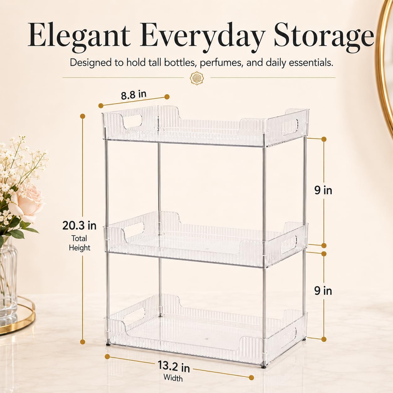 3 Tier Bathroom Counter Organizer, Multi-Purpose  Skincare Shelf, Fits A4 Size Makeup Organizer for Office and  Tray, Countertop Storage Solution for Kitchen,Bath.(Clear)