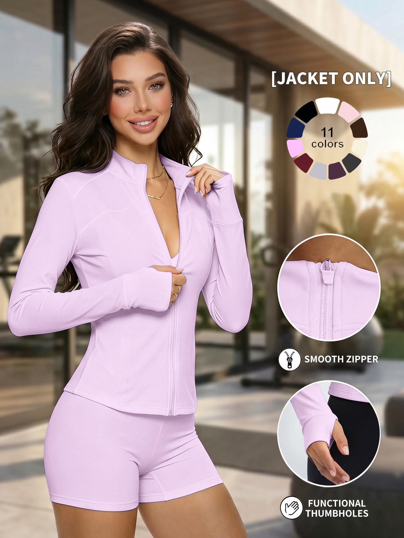 Women's Plain Zipper Yoga Top, Sporty Slim-Fit UV-Protective Jacket, V-Neck Long Sleeve, Spring Summer Outdoor Gym Wear, Activewear