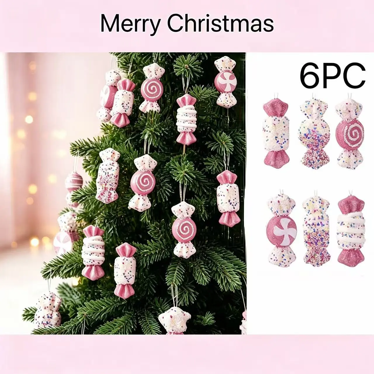 6 pink Christmas foam candy ornaments in a magical gentle fairy tale style, exquisitely crafted, easy to hang and store, versatile, suitable for home, bedroom, bay window, parties, weddings, and DIY Christmas tree decorations