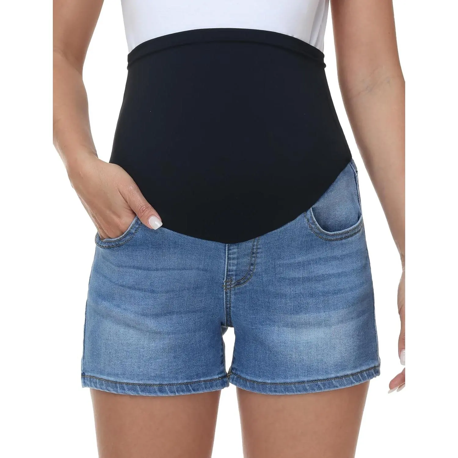 Maternity Jeans Shorts Stretchy Denim Shorts Over The Belly, Comfy Soft Denim, Loose Fit Pregnancy Shorts, Summer Casual Maternity Clothes With Pockets