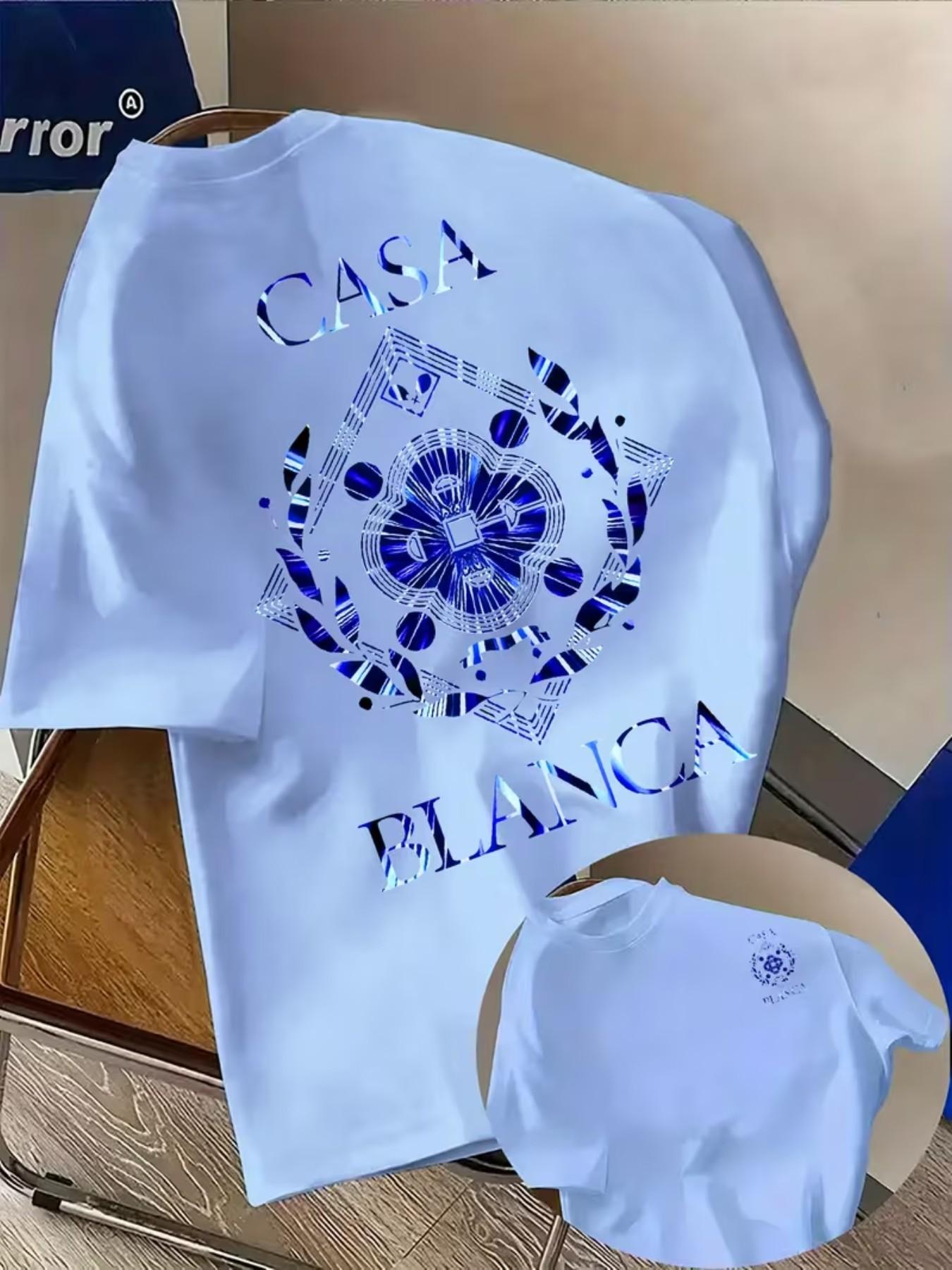 Men's Casual Geometric Print T-Shirt, Casablanca Pattern, Round Neck Short Sleeve, Street Fashion, Soft Polyester Fabric