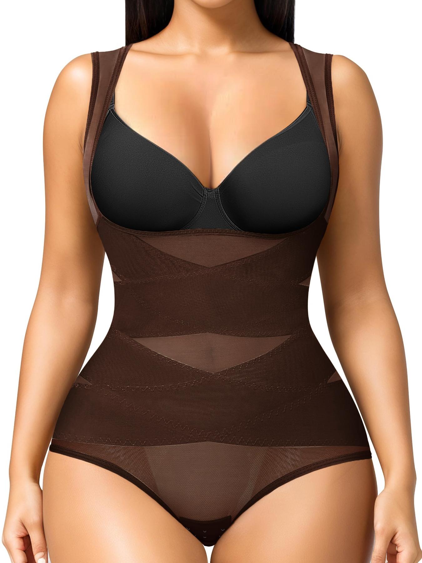 Women's Solid Color Open Bust Adjustable Hook & Eye Closure Crotch Shapewear Bodysuit, Breathable Comfortable Tummy Control High Waist Shaping Push Up Chest Shaper Bodysuit
