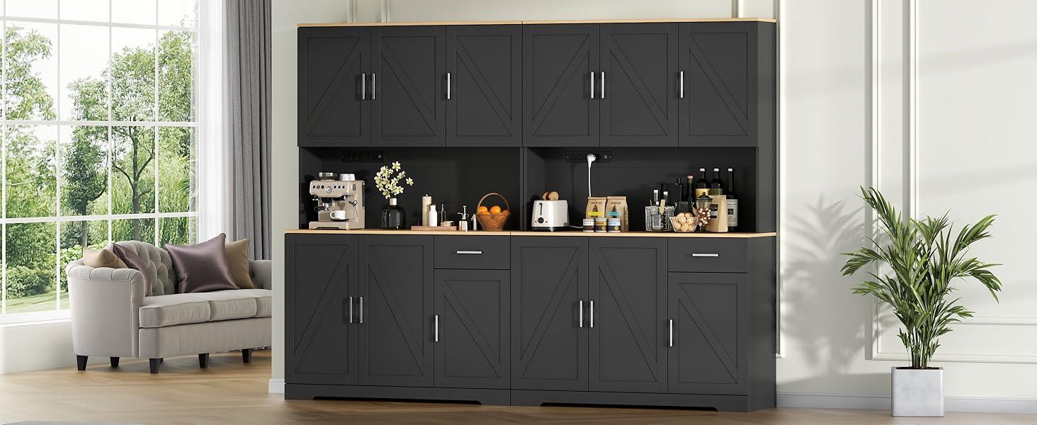 Farmhouse Kitchen Pantry Cabinet 71" Tall with 4 Adjustable Shelves, 6 Doors, Power Outlet, Freestanding Design for Kitchen Storage Cupboard Farmhouse Kitchen Pantry Cabinet 71" Tall with 4 Adjustable Shelves, 6 Doors, Power Outlet, Freestanding Design for Kitchen Storage Cupboard