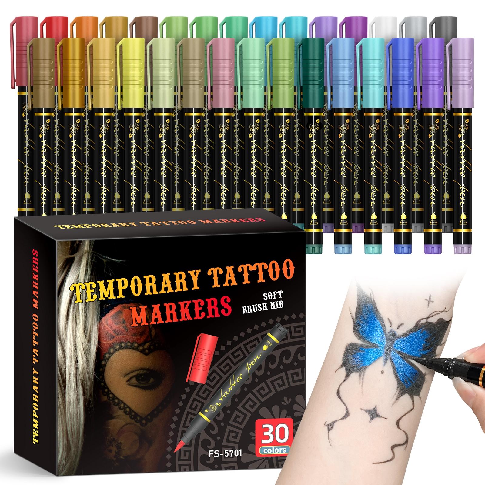 Temporary Tattoo Markers for Skin,With Stencils,Body Markers,10/15/30Colors Tattoo Pens,Flexible Brush Tip, Soft Brush Nib, Bright colors, Face Paint Kit Cosmetic Quality,Halloween makeup