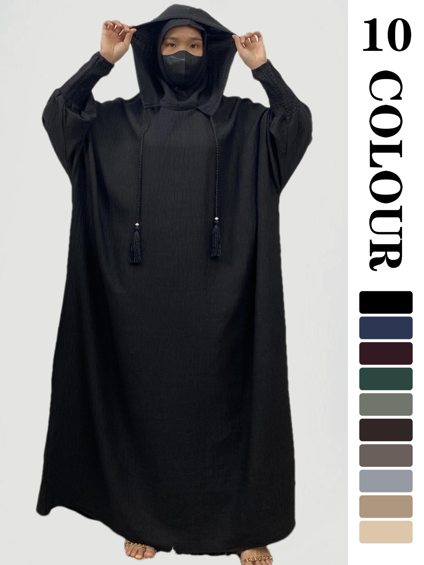 Women's Solid Hooded Dress, Casual Long Sleeve Dress for Fall & Winter, Women's Islamic Clothing for Daily Wear, Modesty Muslim Clothing, Modest Style Dress, Women's Muslim Gowns