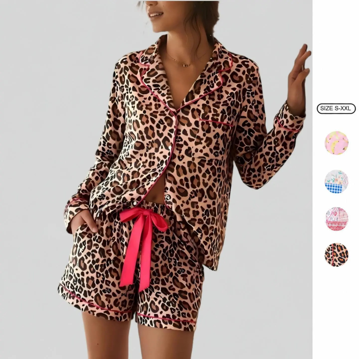 Imily Bela Women's Collared Leopard Print Pajamas with Contrast Trim