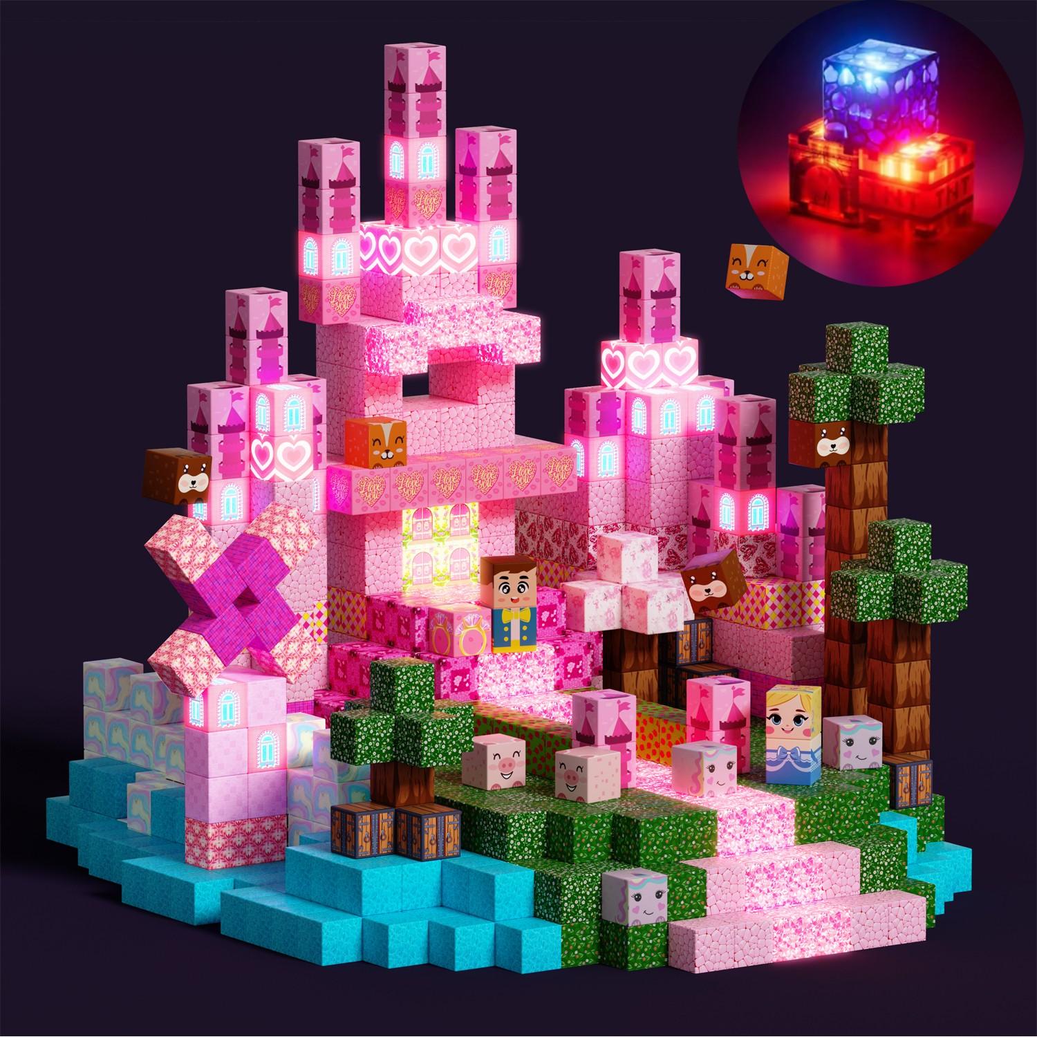Light Up Magnetic Blocks 100/150/200 PCS – Pink Princess Castle Magnetic Building Blocks, Glow in The Dark Magnetic Tiles Set, STEM Montessori Sensory Toy,Llluminated Magnetic Cubes Construction Kit for Ages 3+, Outdoor Play Christmas Birthday Gift