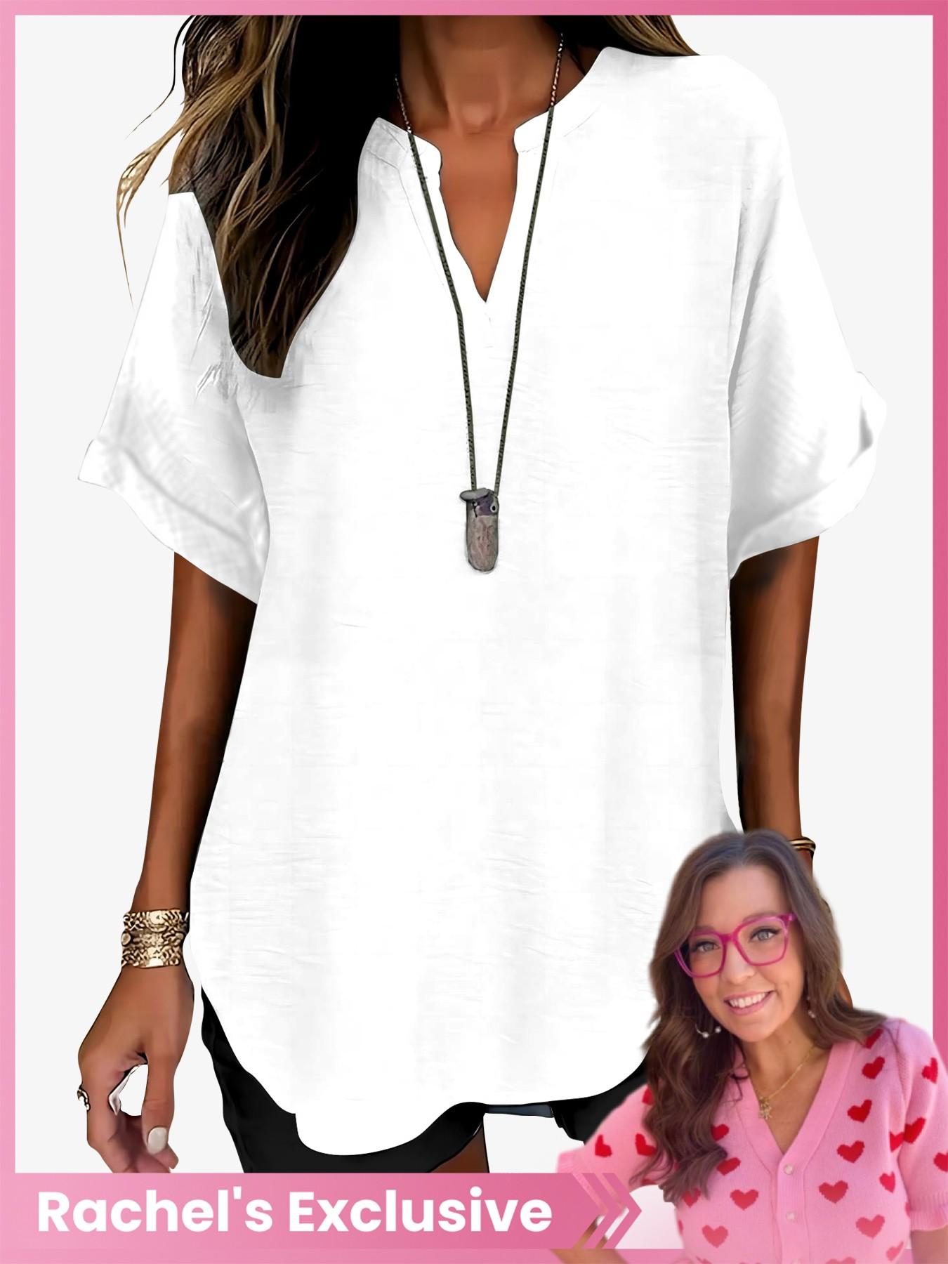 Women's Simple Solid Color Commuter V-Neck Drop Shoulder Vintage Versatile Top, Short Sleeve Fitted H-Type Blouse, Casual Fashion Shirts