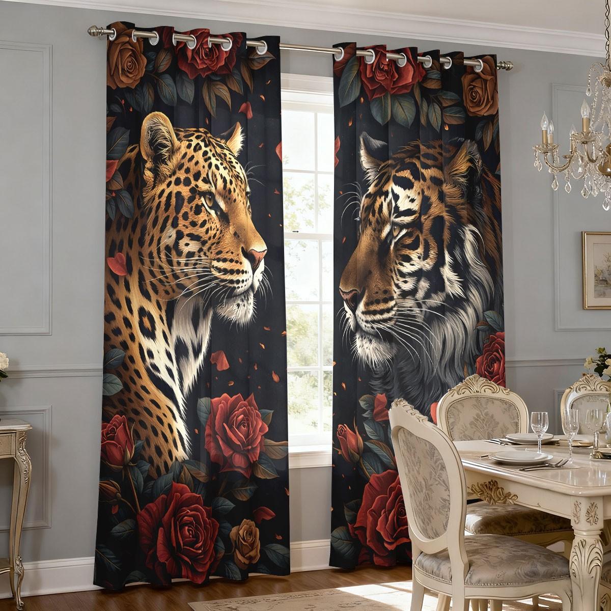 2-piece pack of wild retro style red rose golden leopard tiger print filter translucent curtains suitable for machine washable decorative curtains in living room, bedroom, kitchen, etc.