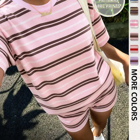 | 2-Piece Set | Women's 3D Printed Stripe Oversized T Shirt & Ultra Short Shorts Set, Crew Neck Short Sleeve Tee High Waist Fitted Shorts, Y2K Streetwear Casual Chic Summer Lounge Outfit