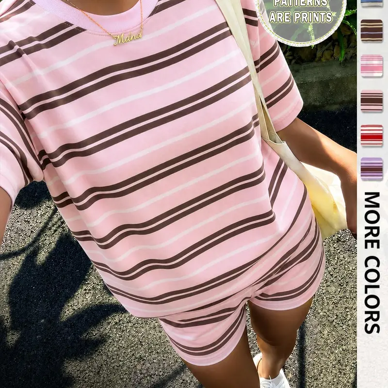 | 2-Piece Set | Women's 3D Printed Stripe Oversized T Shirt & Ultra Short Shorts Set, Crew Neck Short Sleeve Tee High Waist Fitted Shorts, Y2K Streetwear Casual Chic Summer Lounge Outfit