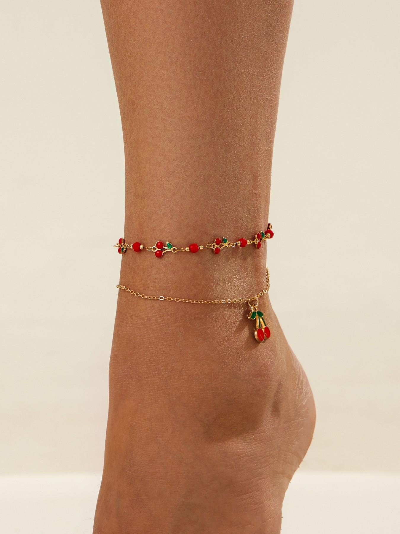Beaded Multi-Layer Anklet Set, Cherry Design, Cute Style, Zinc Alloy Material, Spring Summer Fashion Accessory