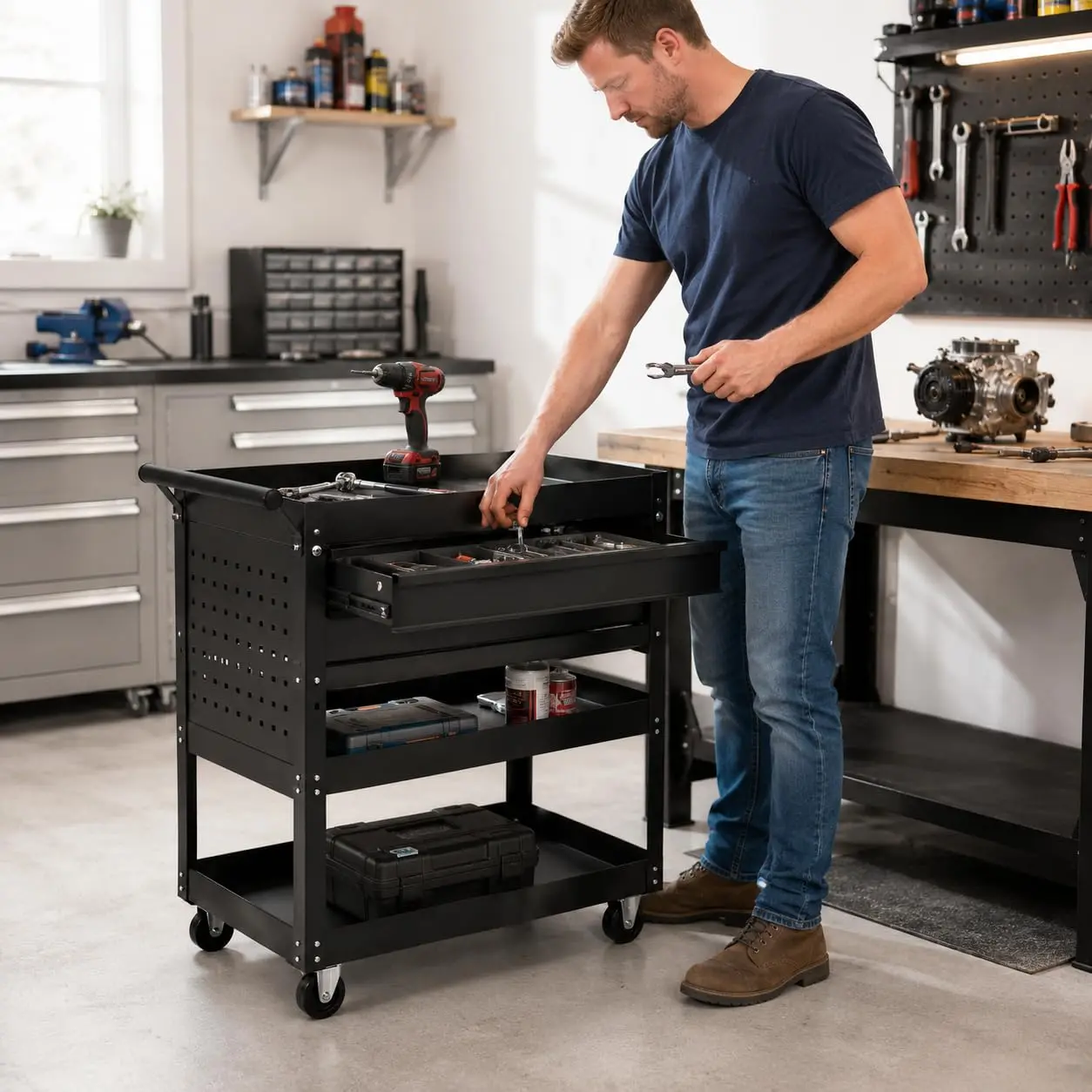 Garvee Heavy Duty 30 Inch Steel Rolling Tool Cart – 3 Tiers, 2 Drawers, Lockable Casters – Mobile Storage Cabinet for Garage, Workshop, Warehouse, Tool Cabinet, Tool Chest, Storage Trolley, Rolling Cabinet, Shop Cart, Tool Organizer, Toolbox, Garage Cart