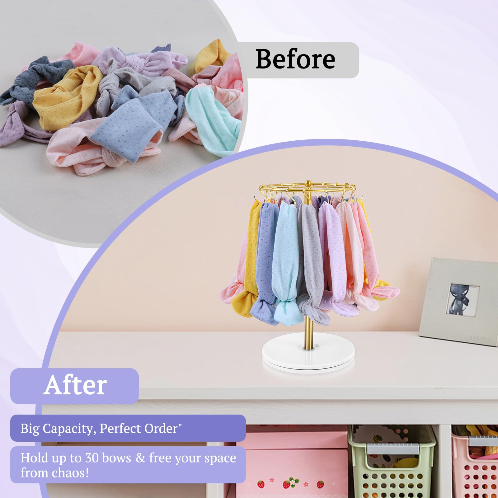 Baby Girl 360° Rotating Headband Holder with 26 Hooks, Hair Bow Storage Rack, Nursery Dressing Table Organizer