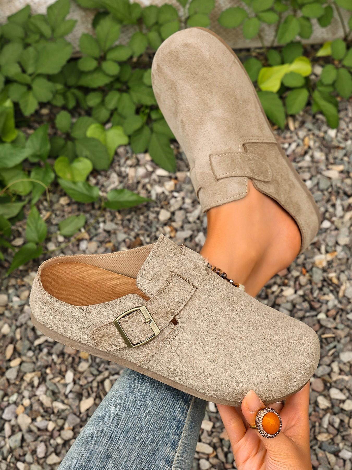 Women's 2026 Spring Summer New Velvet Slip-On Shoes, Wide Fit Comfortable Casual Flat Thick Soled Mules, Adjustable Antique Brass Buckle, Non-Slip Thick Sole