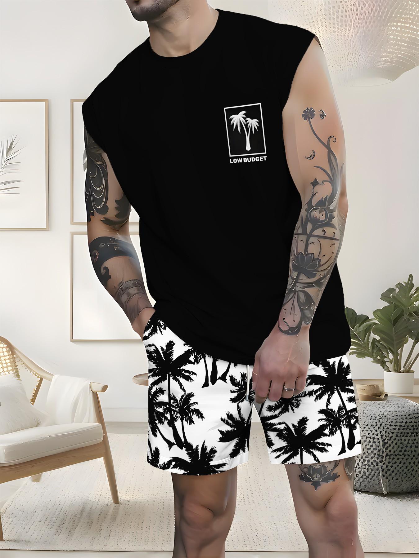 Men's Tropical Palm Tree Print Sleeveless Tank Top & Drawstring Shorts Set Summer Beach Casual Two Piece Outfit Streetwear Co Ord Set Suits