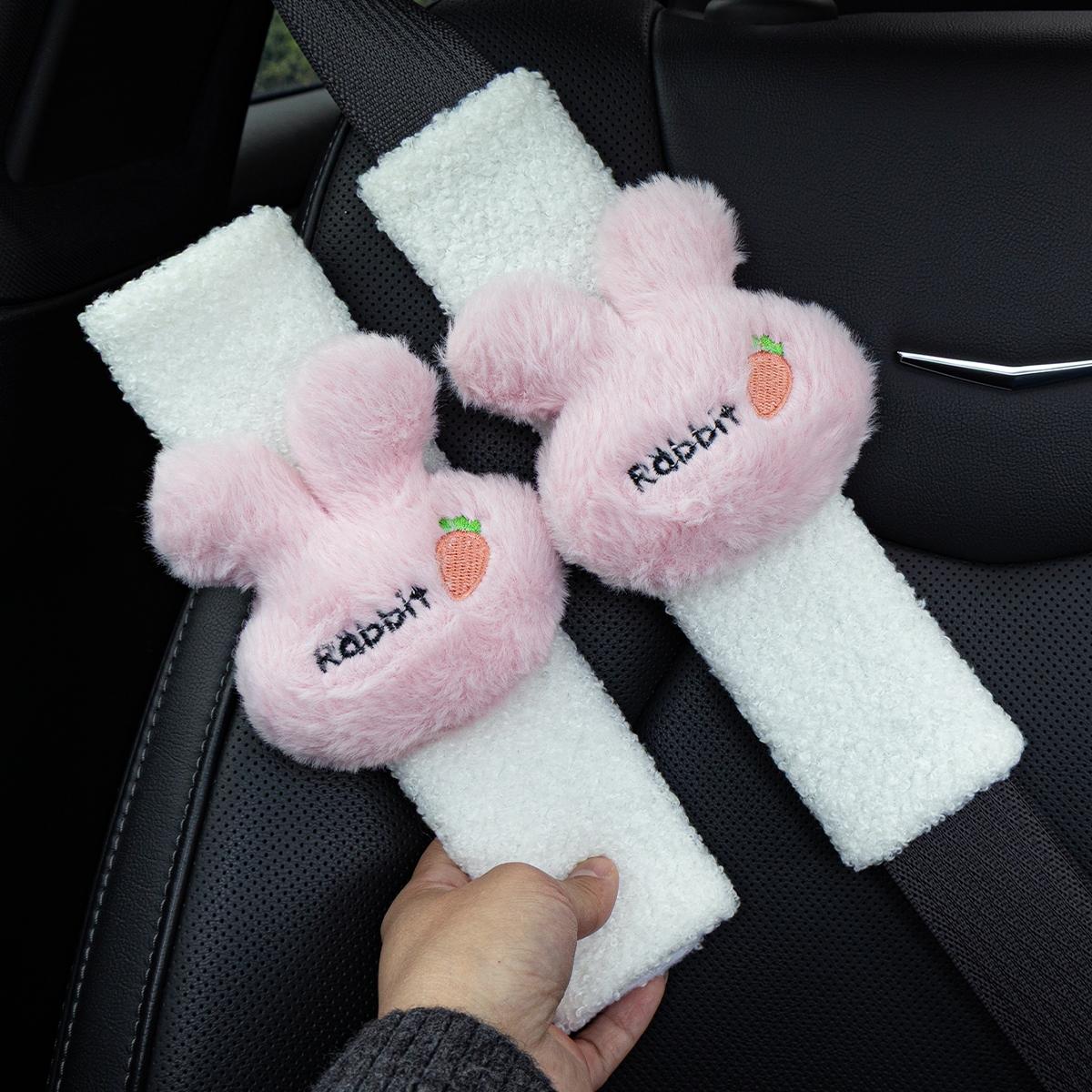 2 Pack Cute Rabbit Carrot Car Seat Belt Covers, Soft Sherpa Plush Fluffy Pads, Comfortable Anti-Rub Accessories, Universal Fit for All Cars