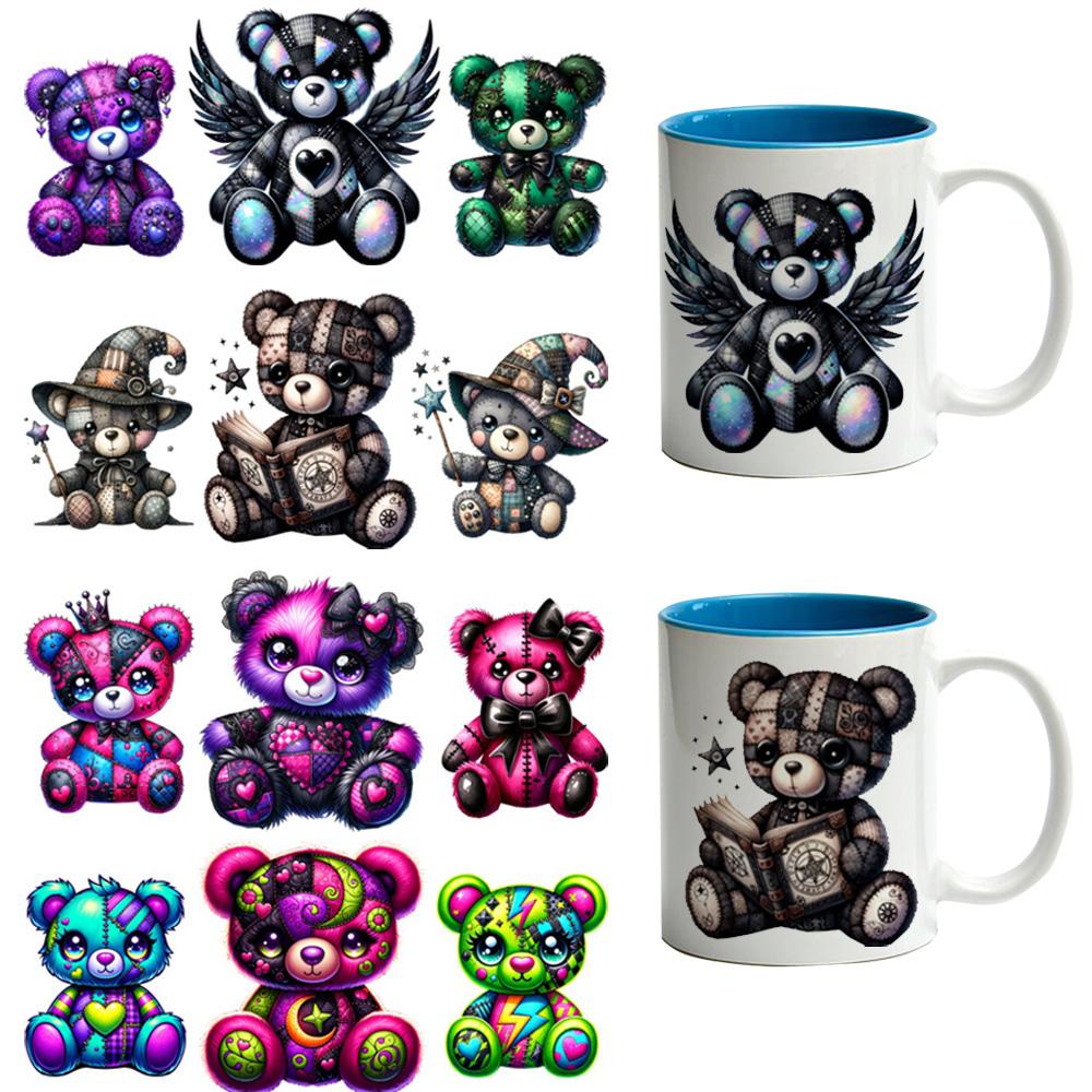 8-Piece Set, 4 Designs X 2 Pieces, 16 Oz UV DTF Crafts Cup Stickers, Bear Pattern 3D Decals, Durable Mixed Color Transfer Material