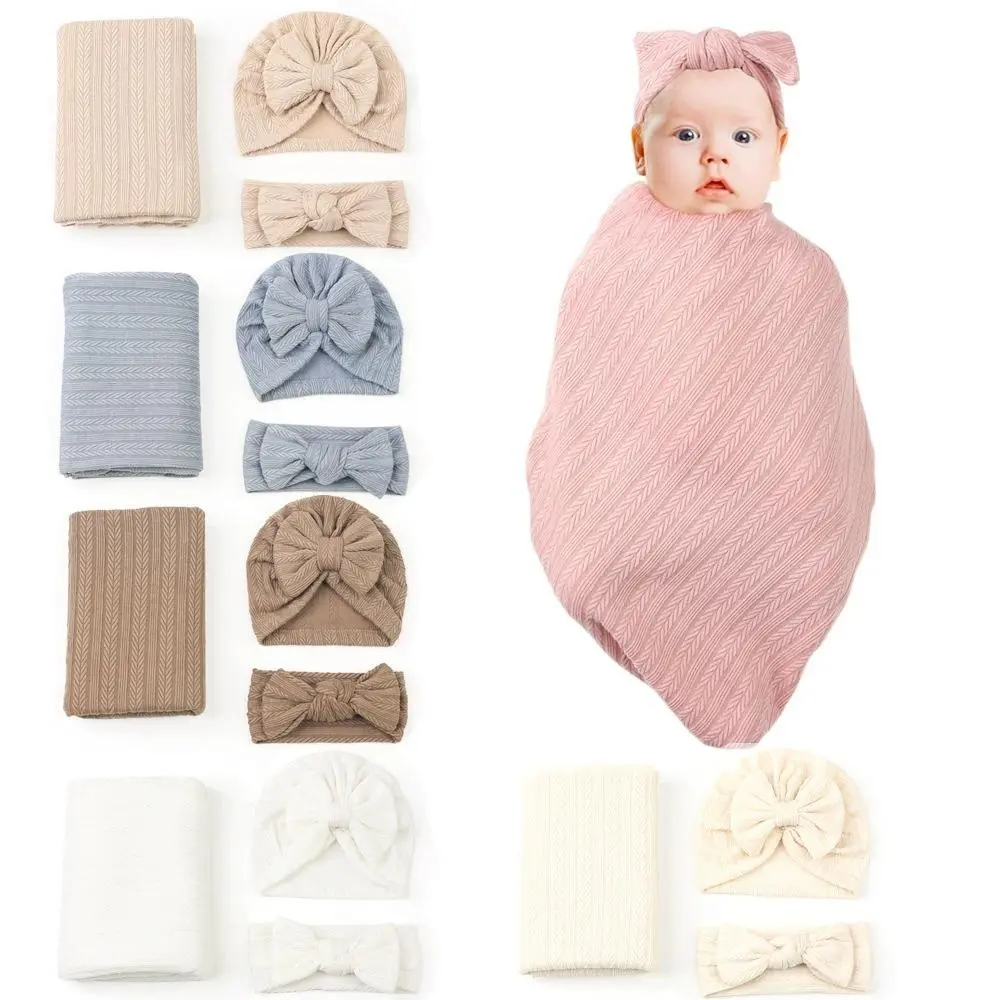 Herringbone Ribbed Knit Swaddle Blanket & Bow Headwrap 3Pcs Set, Soft Stretch Neutral Boho Wrap Blanket, Breathable All-Purpose Cover for Photography Daily Use & Gifting