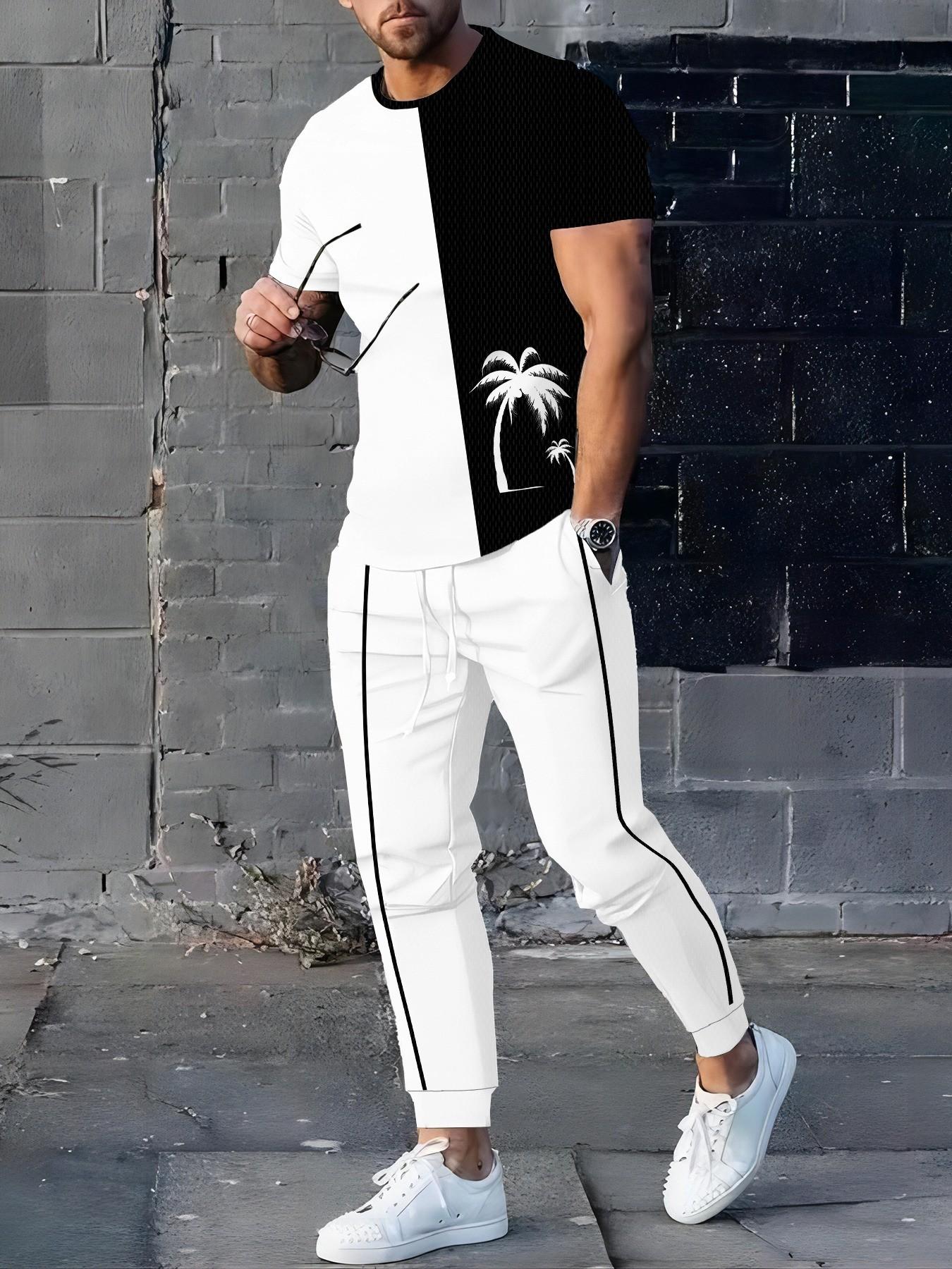 Men's Summer Palm Tree Print 2-Piece Set, Short Sleeve Tee + Mint Drawstring Joggers, Lightweight Casual