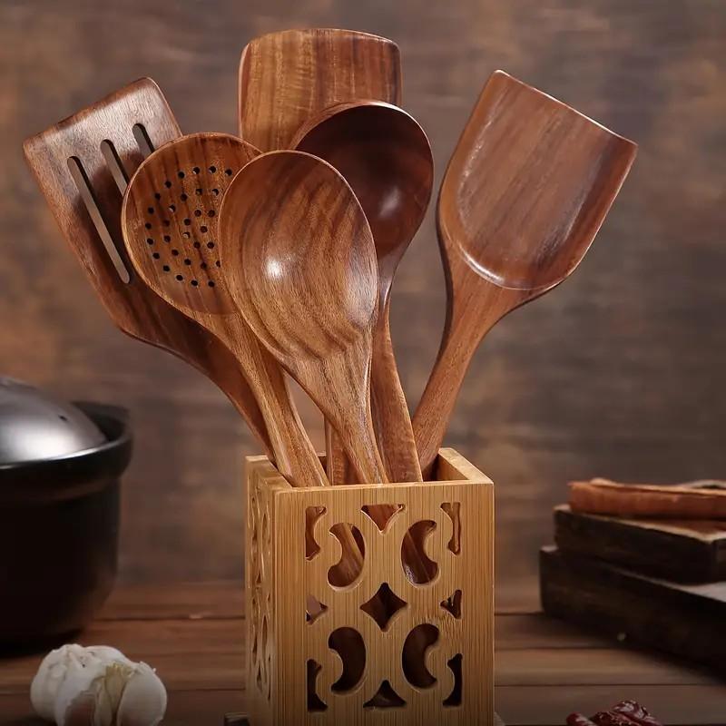 6pcs Wooden Kitchen Utensils Set, Natural Wood Spoons, Durable High-Quality Cooking Tools, Ideal for Mixing & Serving, Perfect Gift