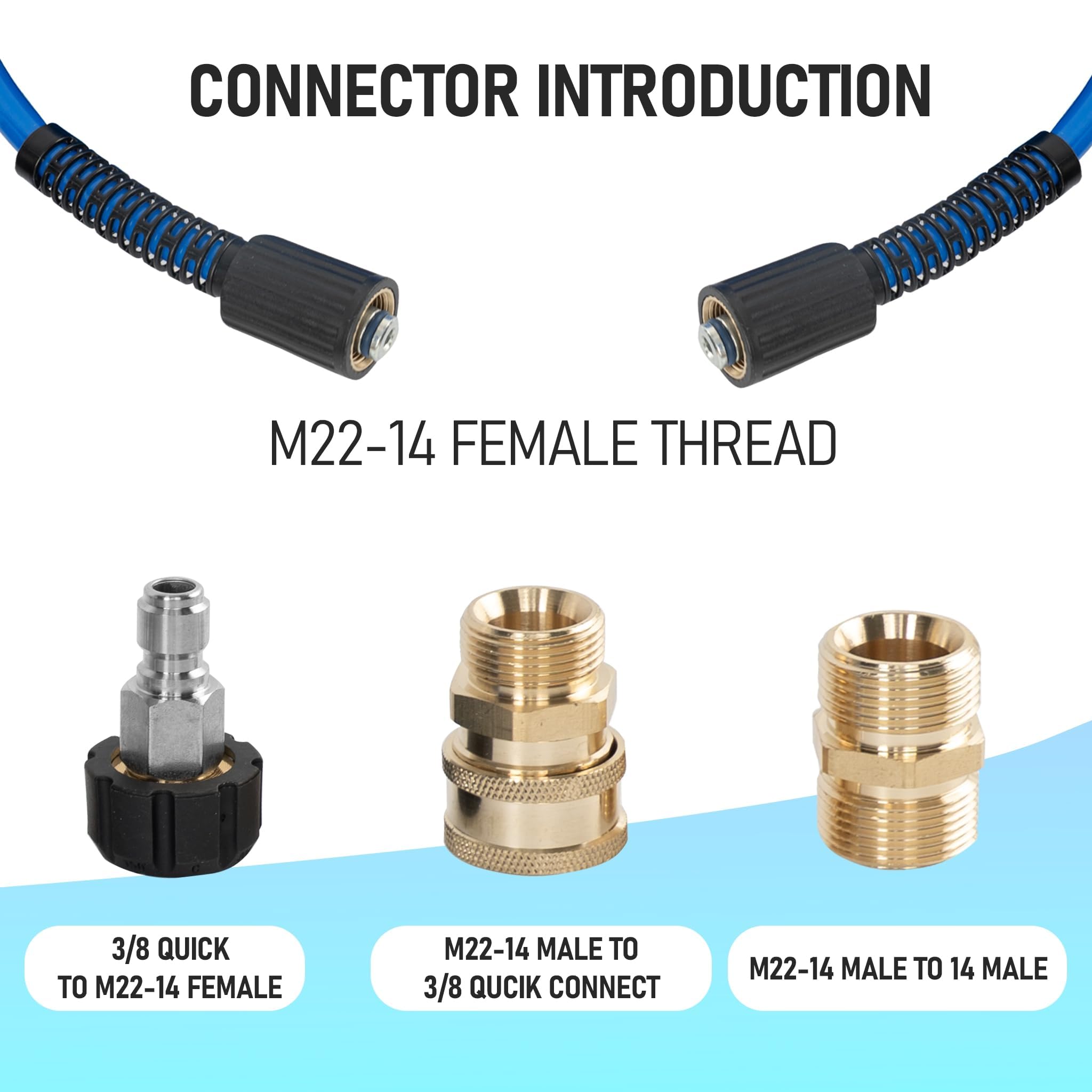 Hourleey Pressure Washer Hose 50 FT/100 FT, 3600 PSI Flexible Kink Resistant Power Washer Hose Replacement, 1/4" Quick Connect Pressure Washer Hose Extension With M22 x 3/8", Blue