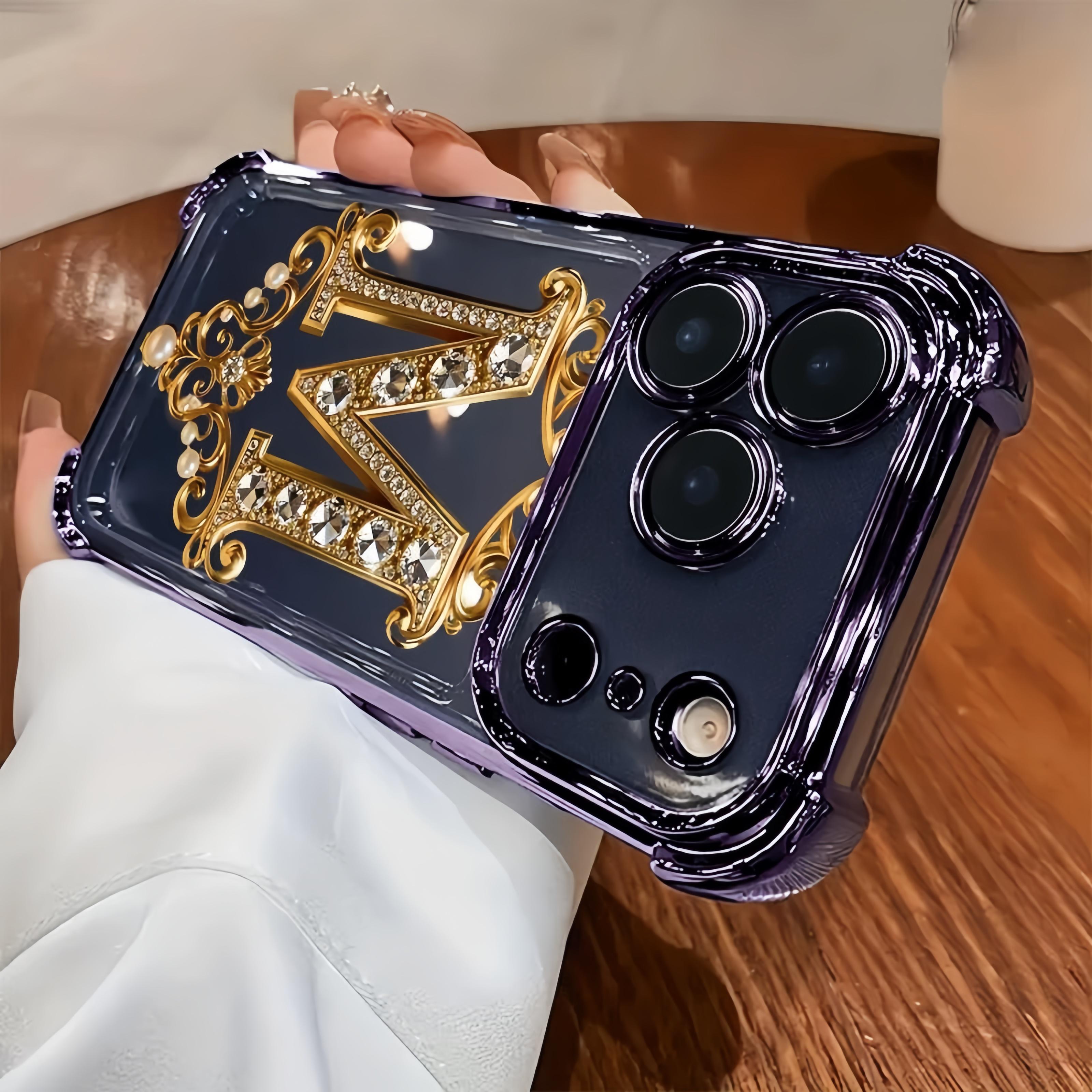 TPU Full-Coverage Lens Protective Cellphone Casing - Luxury Diamond & Gold "M" Design, Shockproof, Non-Slip, Multi-Model for iPhone 17,16,15,14,13,12,11,XS,X Series, Handheld Phone Accessory, Ideal Gift