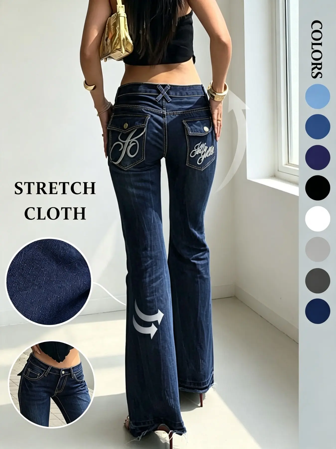 Nvfelix Women's Embroidered High Elasticity Boot Cut Button Jeans, Y2K Vintage Washed Long Pants, Slim Fit Streetwear, Wedding Occasion