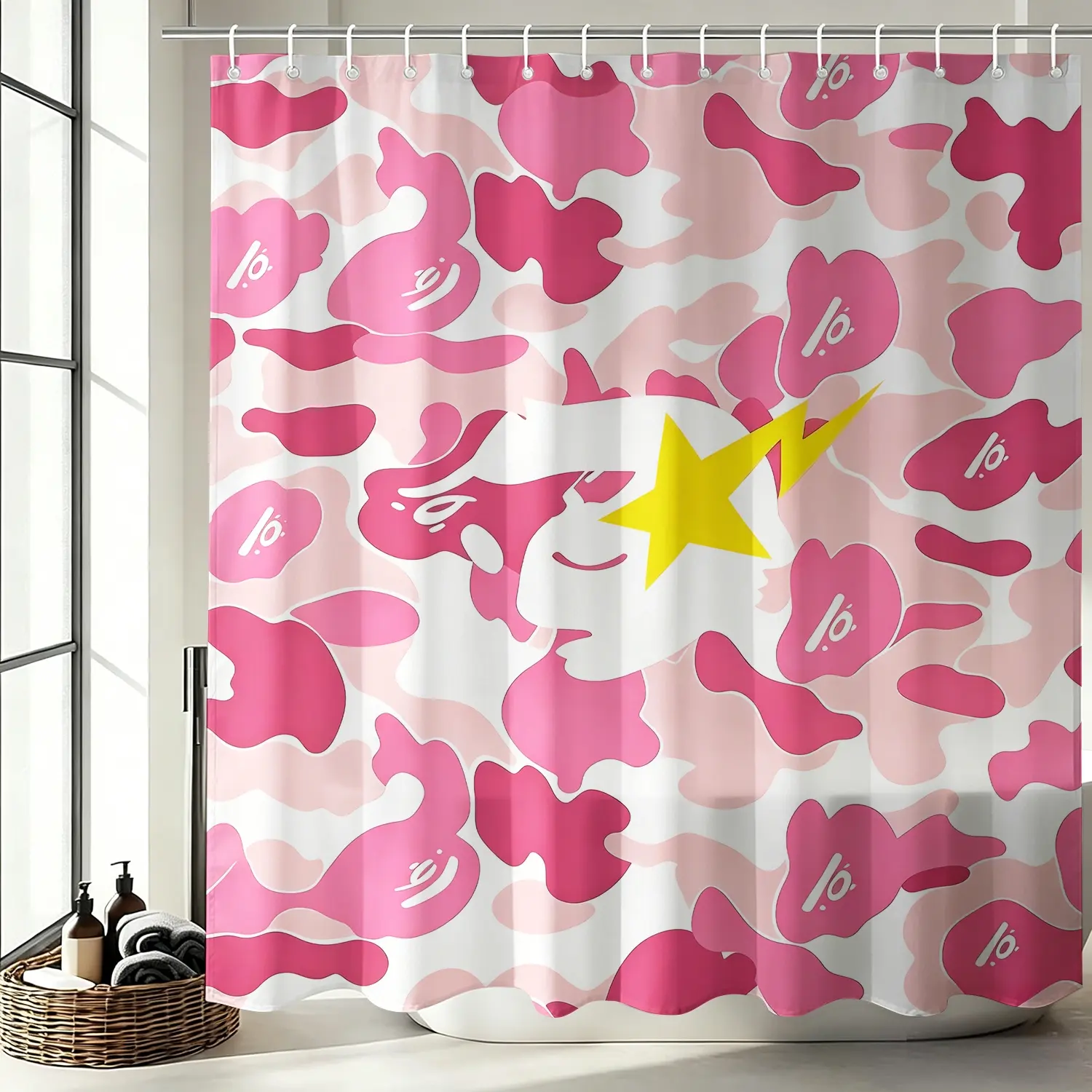 Black and White Camouflage Yellow Star Lightning Ape Head Print Aesthetic Shower Curtain, Waterproof Oxford 12 Hooks Easy Install, Privacy Bath Curtain, Streetwear Enthusiast Home/Dorm/Gaming Room Bathroom Decor