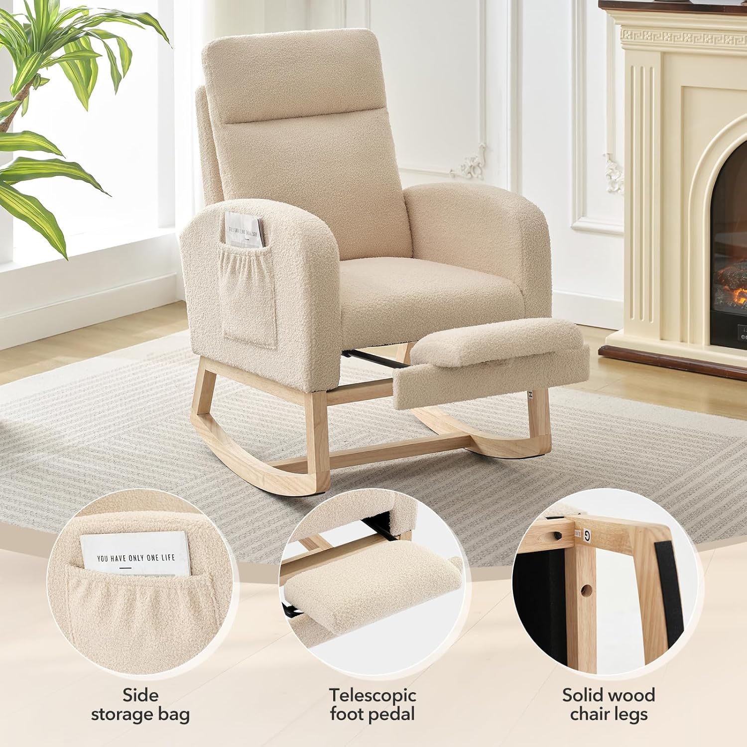 Rocking Chair Nursery with Foot Rest, Modern PU Upholstered Reading Glider Rocker Accent Armchair with High Backrest, Padded Seat, Side Pocket, for LivingRoom, Bedroom, Baby Room