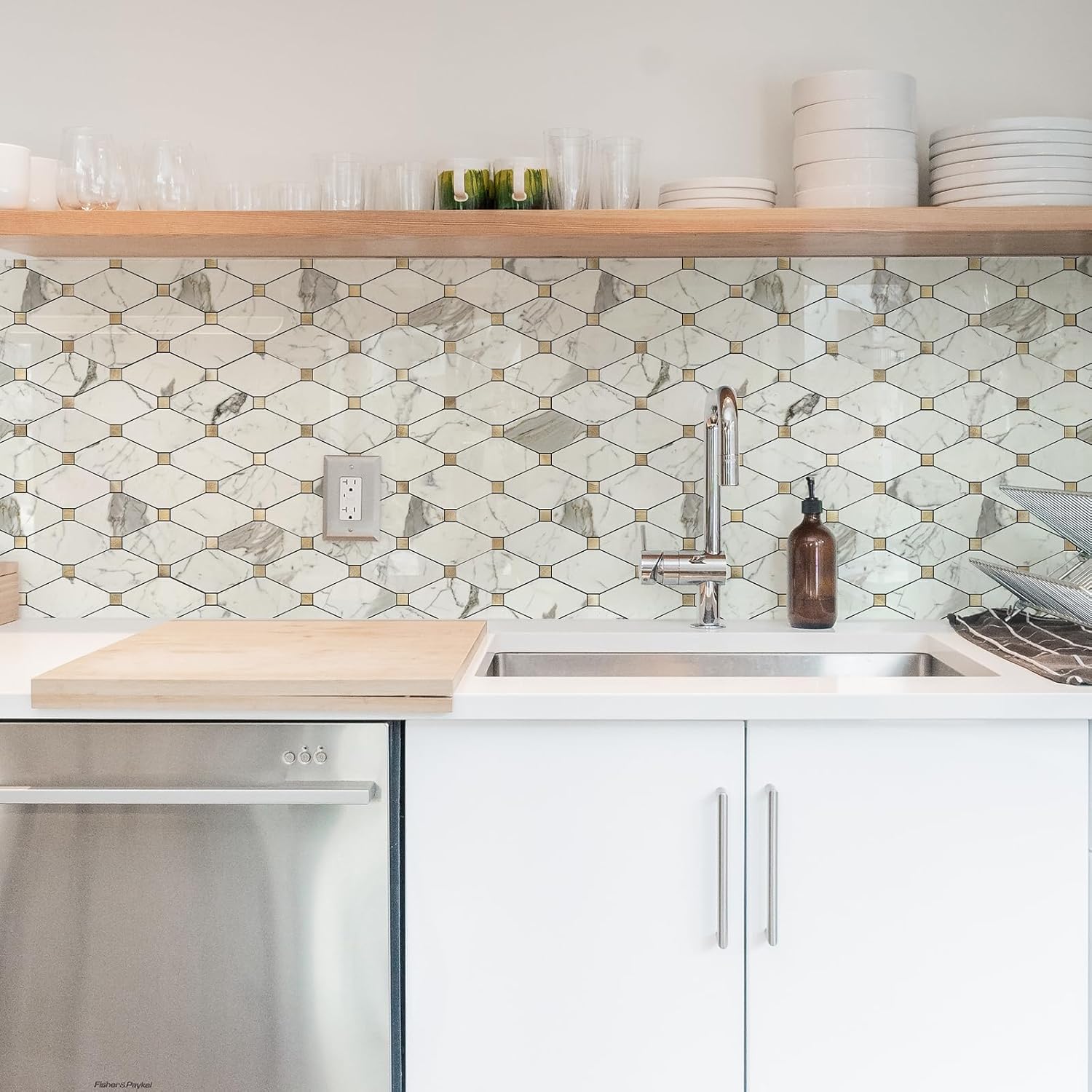 STICKGOO 10 Sheets Peel and Stick Backsplash, Marble Look PVC Mixed Metal Gold Kitchen Backsplash, Stick on Backsplash Wall Tiles for Kitchen, Bathroom, RV