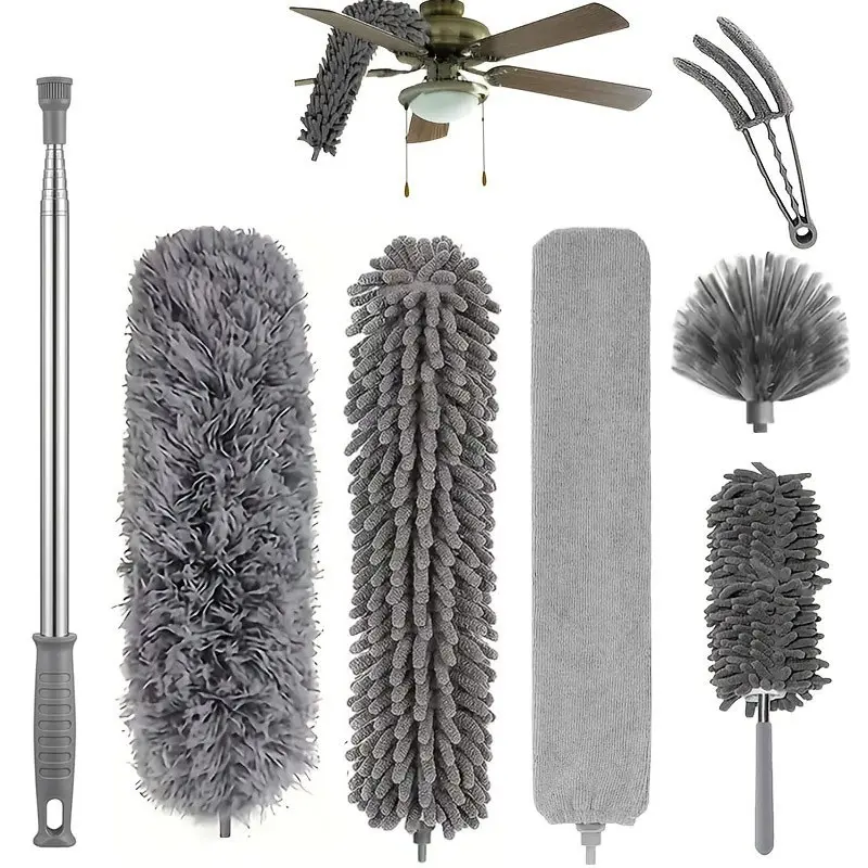 7pcs Extendable, Washable Microfiber Dusters with Extendable Handle And Bendable Corner Broom, Extra Long Dusting Wand Up to 272 Cm, Ideal for Ceiling Cobwebs (Grey)