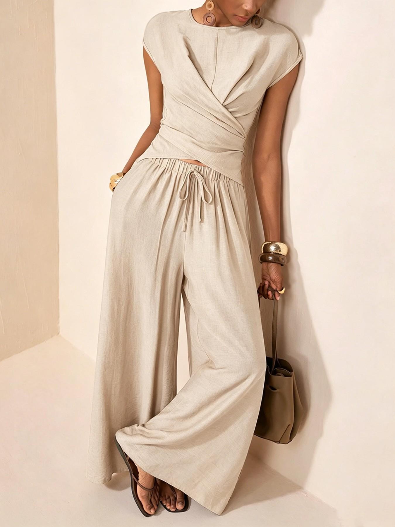 Women's Two-Piece Set, Cross-Tie Short Sleeve Top & High Waist Wide-Leg Pants, Casual Soft Matching Outfit