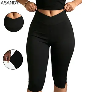 ASANDY High Waist Split Hem Cropped Capri Leggings Women Slim Elastic Yoga Workout Dressy Daily Outdoor Active Pants