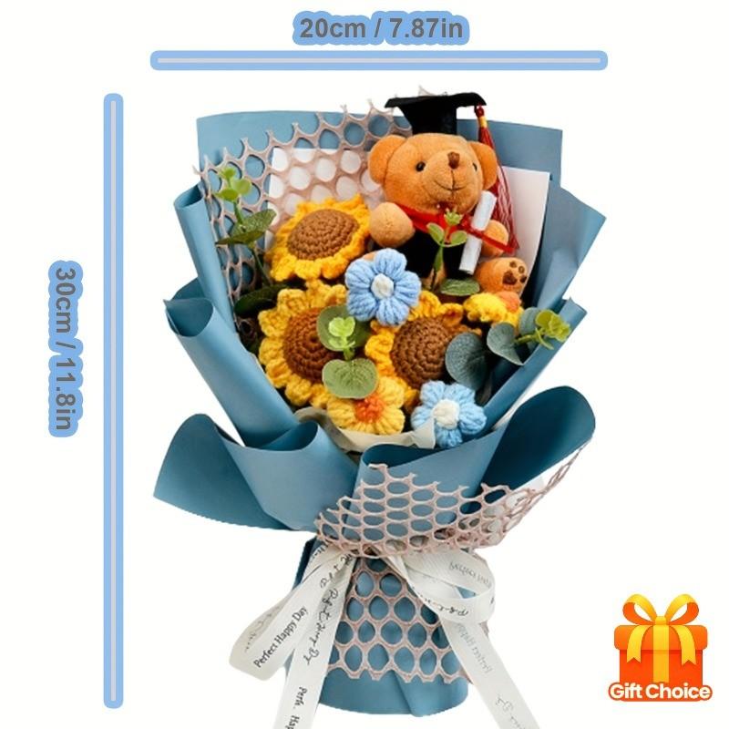Crochet Flower Bouquet Set with Plush Bear and Gift Bag, Ideal for Graduation Gifts, Teacher's Day, Sunflowers and Daisies, Year-Round Decor