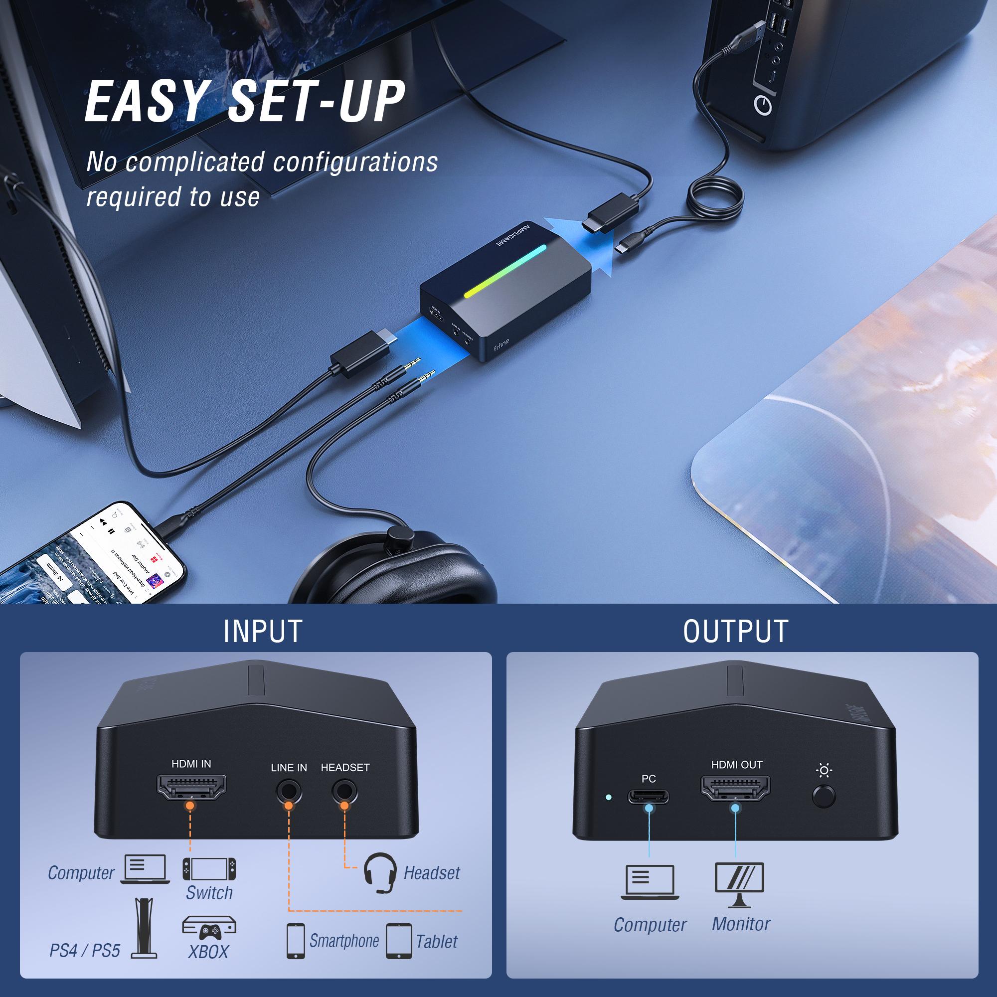 FIFINE AmpliGame Video Capture Card, HD 1080 60fps for Audio Video, Gaming, Live Streaming, HDMI to USB Capture Card Compatible with PS4/Windows/Mac OS/Switch/Xbox, - Ampligame V3