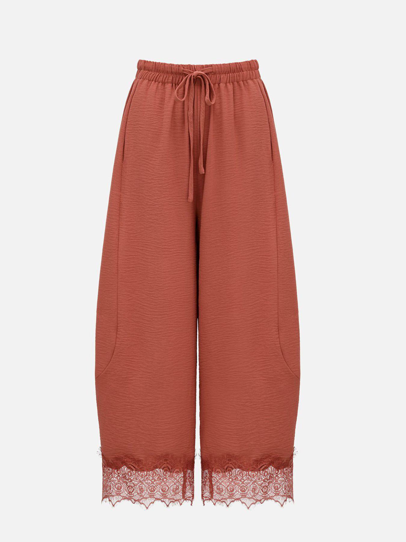 Women's Casual Pocket Elastic Waist Long Pants, Lace Patchwork Bottoms, Asymmetrical Hem, Summer Loose Wide-Leg Pants, Womenswear Women's Casual Pocket Elastic Waist Long Pants, Lace Patchwork Bottoms, Asymmetrical Hem, Summer Loose Wide-Leg Pants, Womenswear