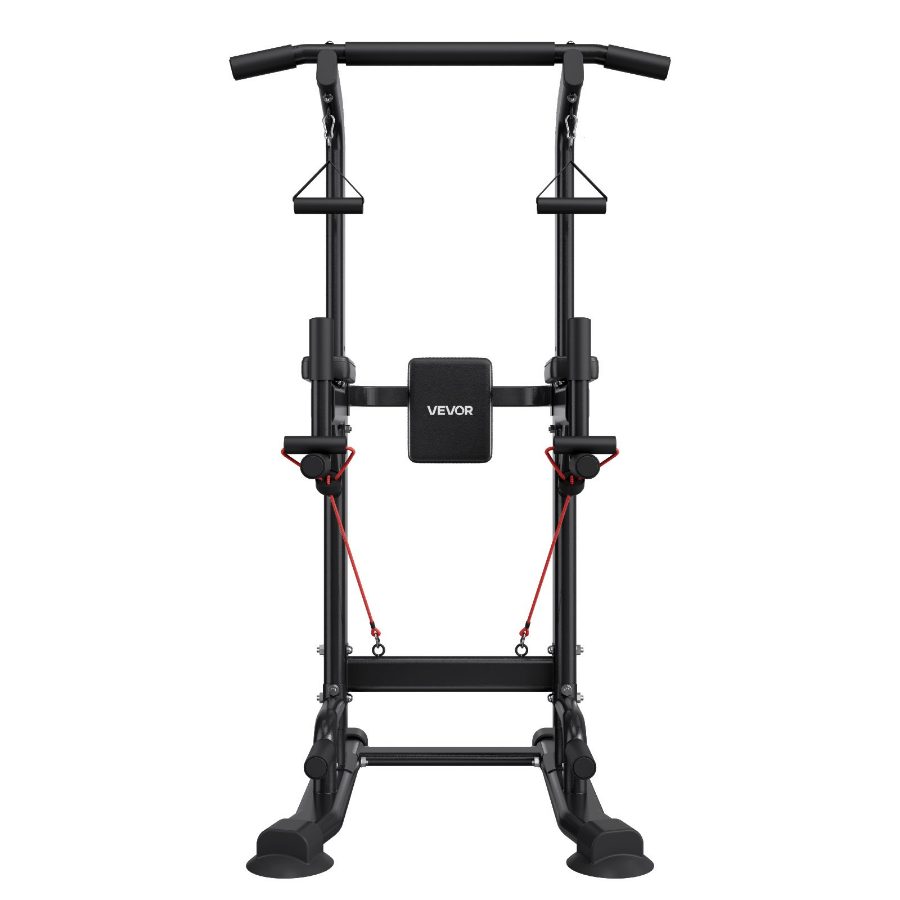 VEVOR Pull Up Bar, 330 LBS Power Tower Dip Station, Workout Dip Station with H-Shaped Stable Base Back Pad, Adjustable 12 Level Height Free Standing Chin Up Bar for Back, 4-Level Adjustable Back Pad