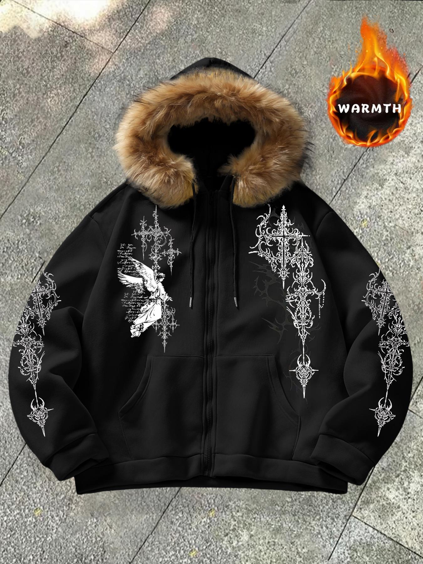 Men's Zipper Hoodie with Fur Collar, Angel Print Design, Casual Loose-Fitting Sweatshirt, Durable Fabric, Fall & Winter Wear
