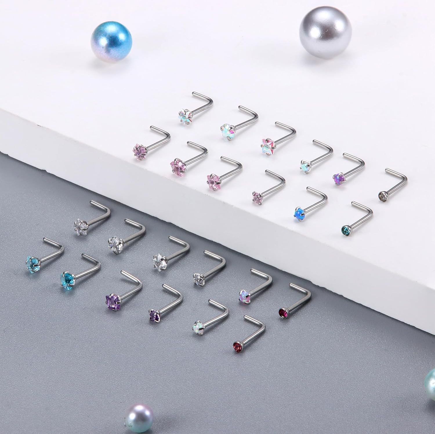24Pcs 20G Silver Nose Studs Surgical Steel Nose Piercing Jewellery Hypoallergenic Colorful CZ Opal Small Nose Stud Stuf I Shaped/L Shaped Nose Stud Screw Nose Piercing Stud for Women Girls
